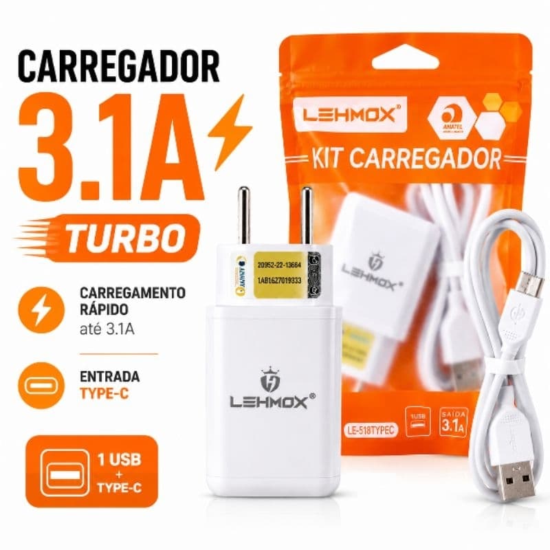 Kit Carregador Turbo Tipo-C 3.1A LEHMOX Cabo USB Rápido Celular