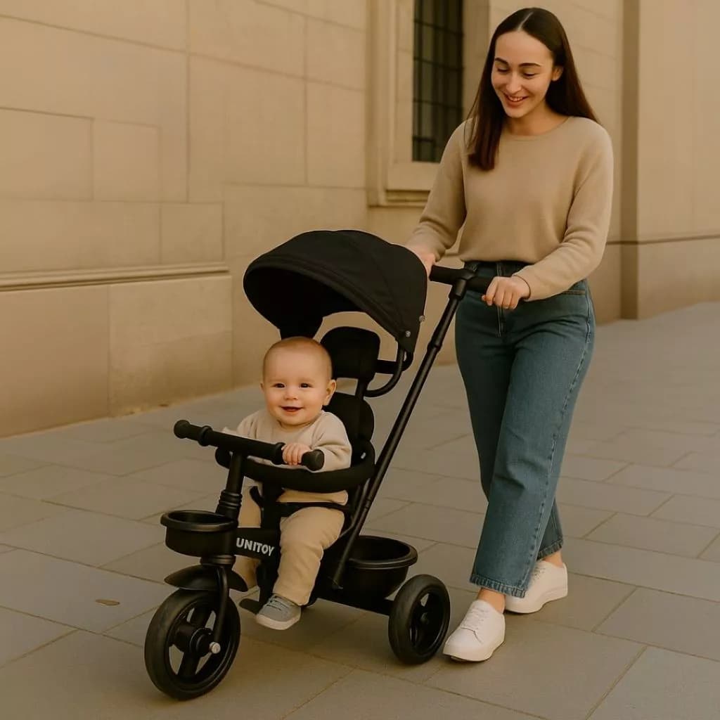 Triciclo Infantil Empurrador Preto Cobertura Solar Passeio Carrinho Andador Motinha Proteção Criança