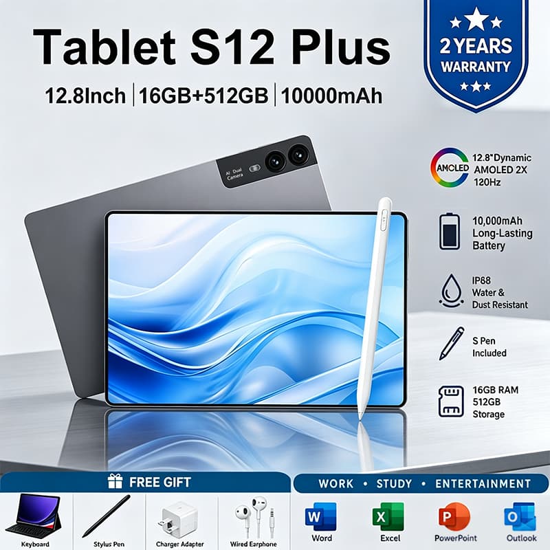 Tablet S12 Plus 12.8" Tela FHD  [16+512GB] | Bateria 10000mAh | WiFi/5G LTE Android 15