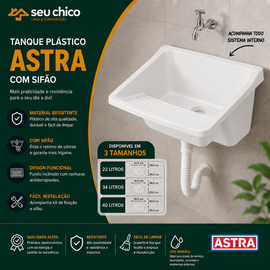 Tanque 40L 34L ou 22L Astra Branco Kit Instalação Completo Válvula e Sifão Pia Lavanderia Lava Roupa
