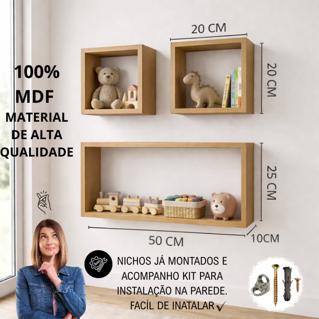 Kit 3 Nichos Amadeirados 100%MDF Quarto Sala Cozinha Escritório Banheiro Bebê Decoração Montado