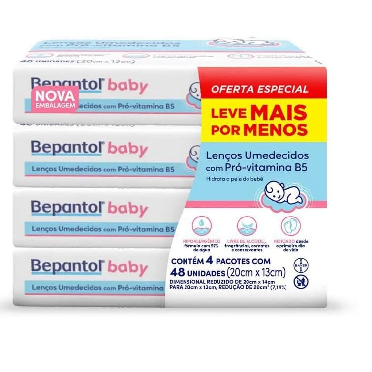 Kit 4pct Lenços Umedecidos Bepantol Hipoalergênicos 48un cada - Total 192un. EQ.1