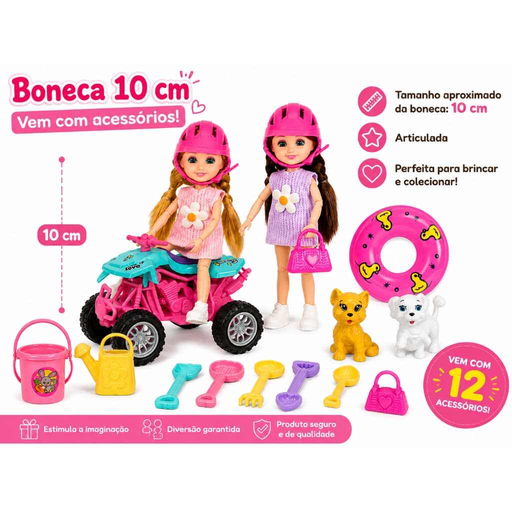 Boneca articulada com triciclo, Gatinhos e Acessórios - Brincadeira Divertida para Crianças!