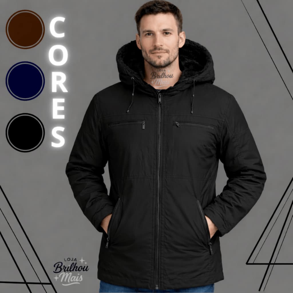 Jaqueta  Masculina  Sarja Forrada Touca Removivel Ziper Casaco Blusa De Frio