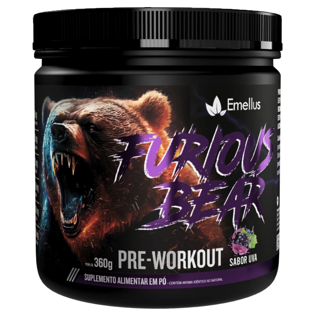 Pré Treino Furious Bear 360g Creatina Beta Alanina L-Arginina Pre Workout Sabor Uva Emellus
