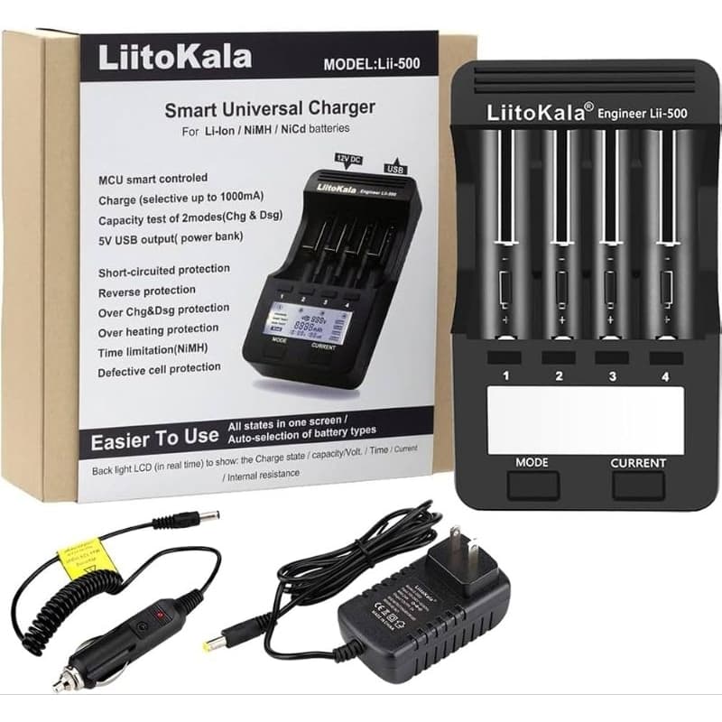 Carregador Liitokala lii500 completo com carregador veicular original