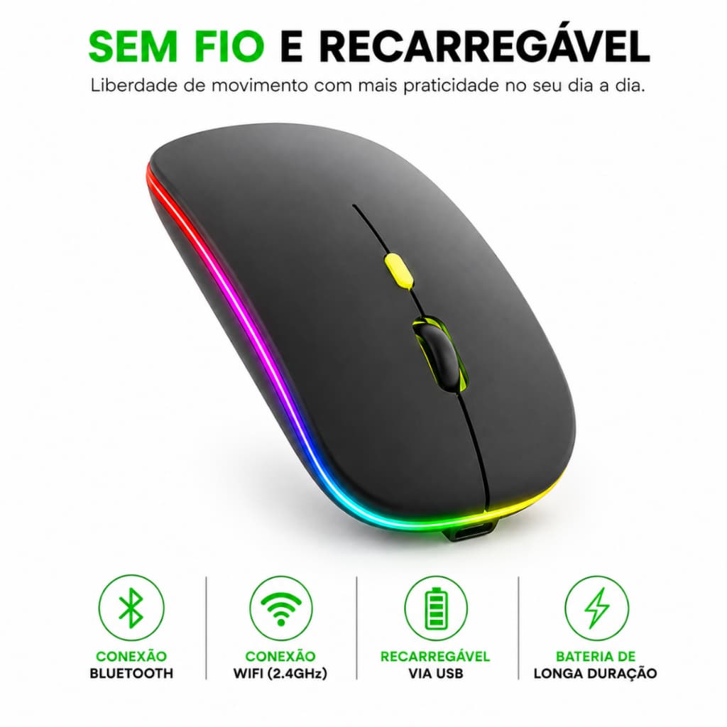 Mouse Sem Fio RGB USB Recarregável Exbom MS-S350L Cores Sortidas Wifi e Bluetooth
