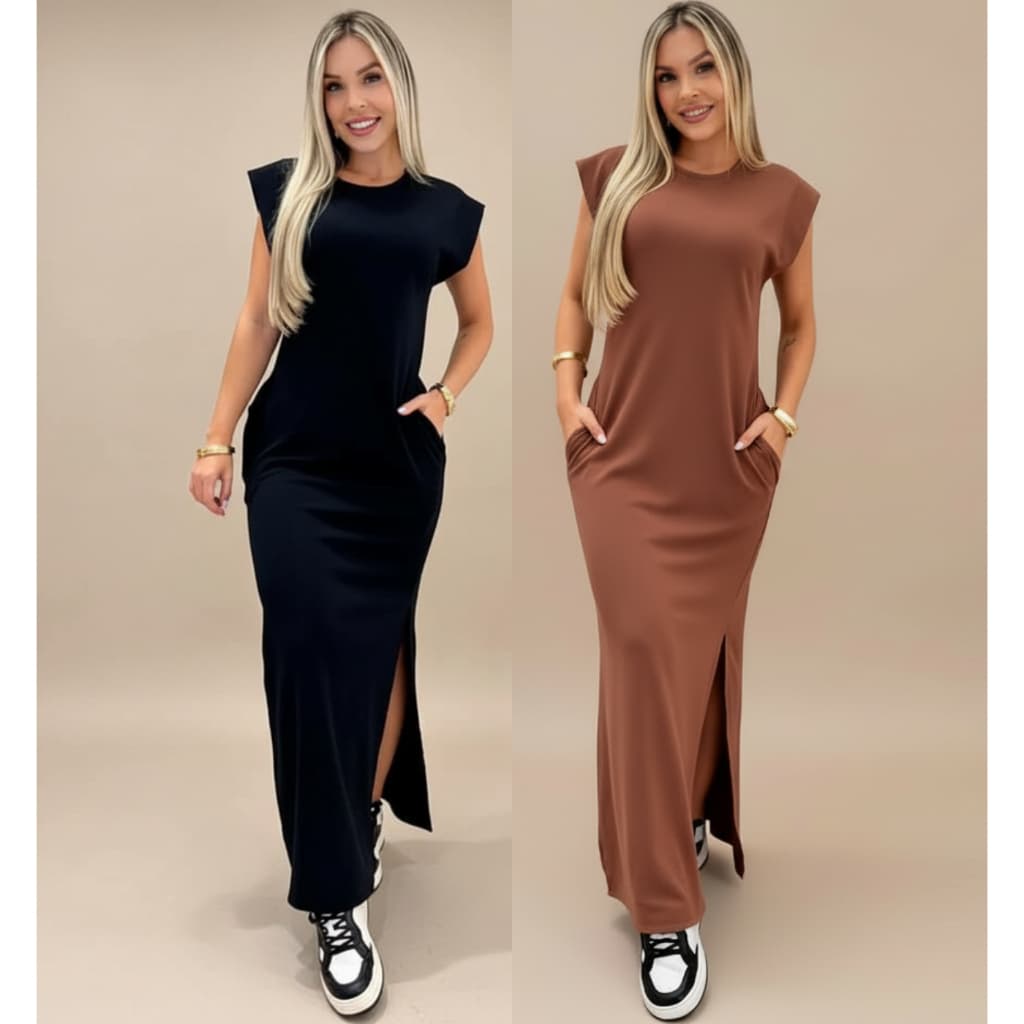 Vestido Longo Feminino Gestante Canelado Ribana Muscle Com Bolso Fenda Lateral Casual Plus Size