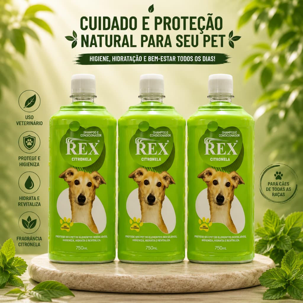 3x Shampoo Rex Citronela 750ml para Cães | Shampoo e Condicionador 2 em 1