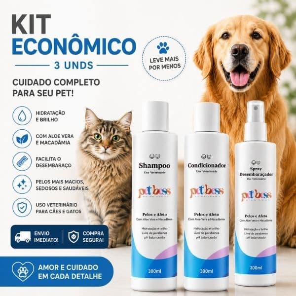 Kit Shampoo + Condicionador + Desembaraçador Pet 300ml Cada Para Cães E Gatos Hidratação Brilho E Maciez