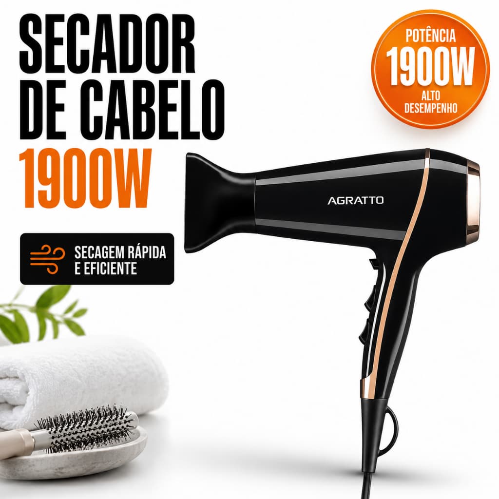 Secador De Cabelo Agratto Della 1900W Profissional 3 Temperaturas Potente Forte Compacto Uso Diário