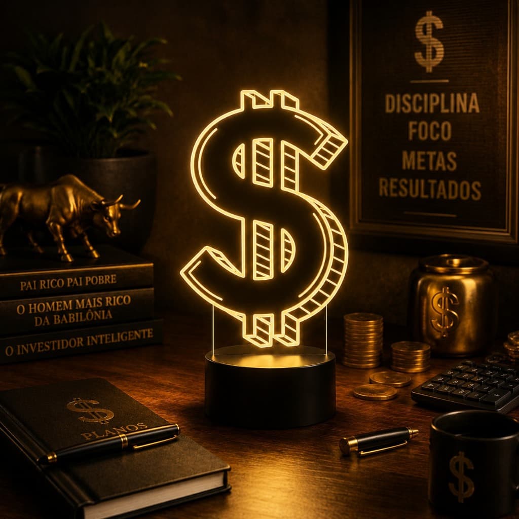 Luminária Led 3d | Cifrão Real Dinheiro | Abajur Presente Criativo Decoração Multicores