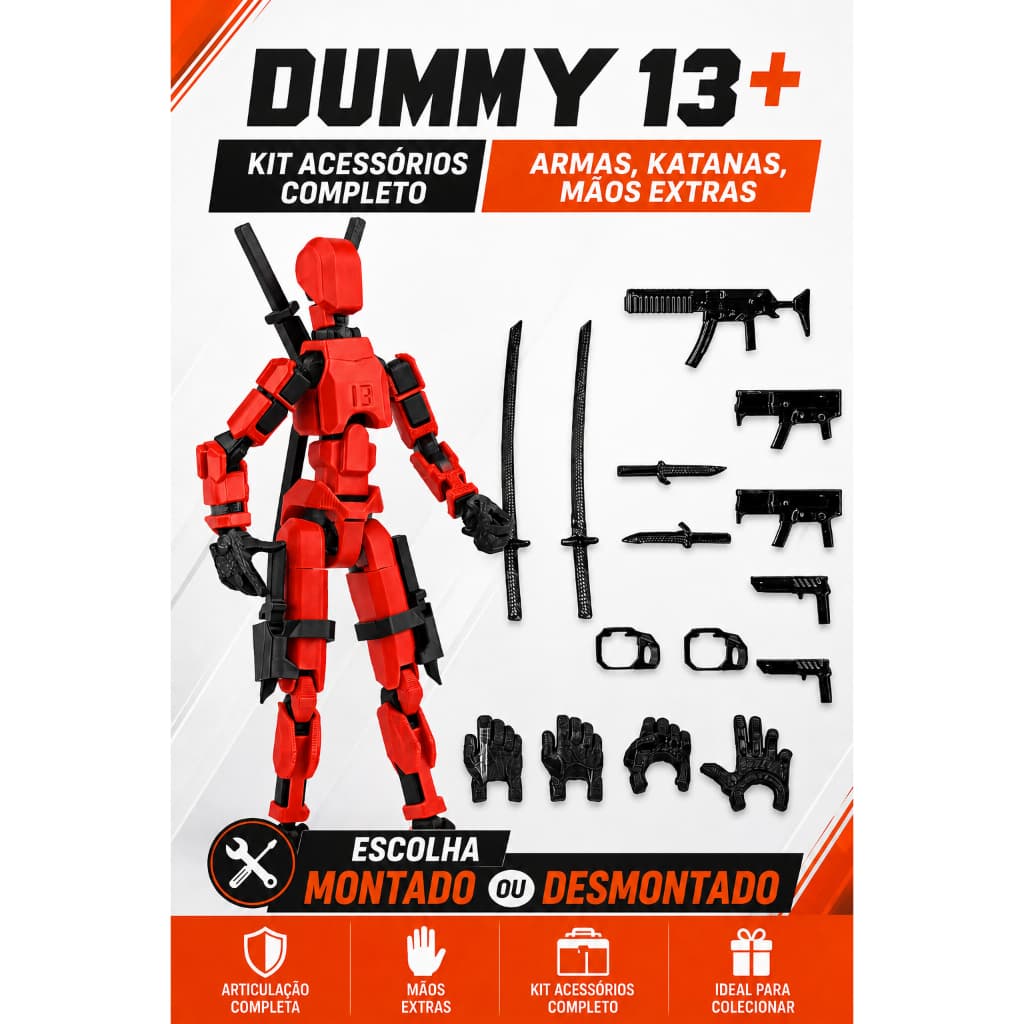 Dummy 13 + Kit acessórios e mãos extras - Boneco Articulado - Action Figure - Quebra-Cabeça - Impressão 3D