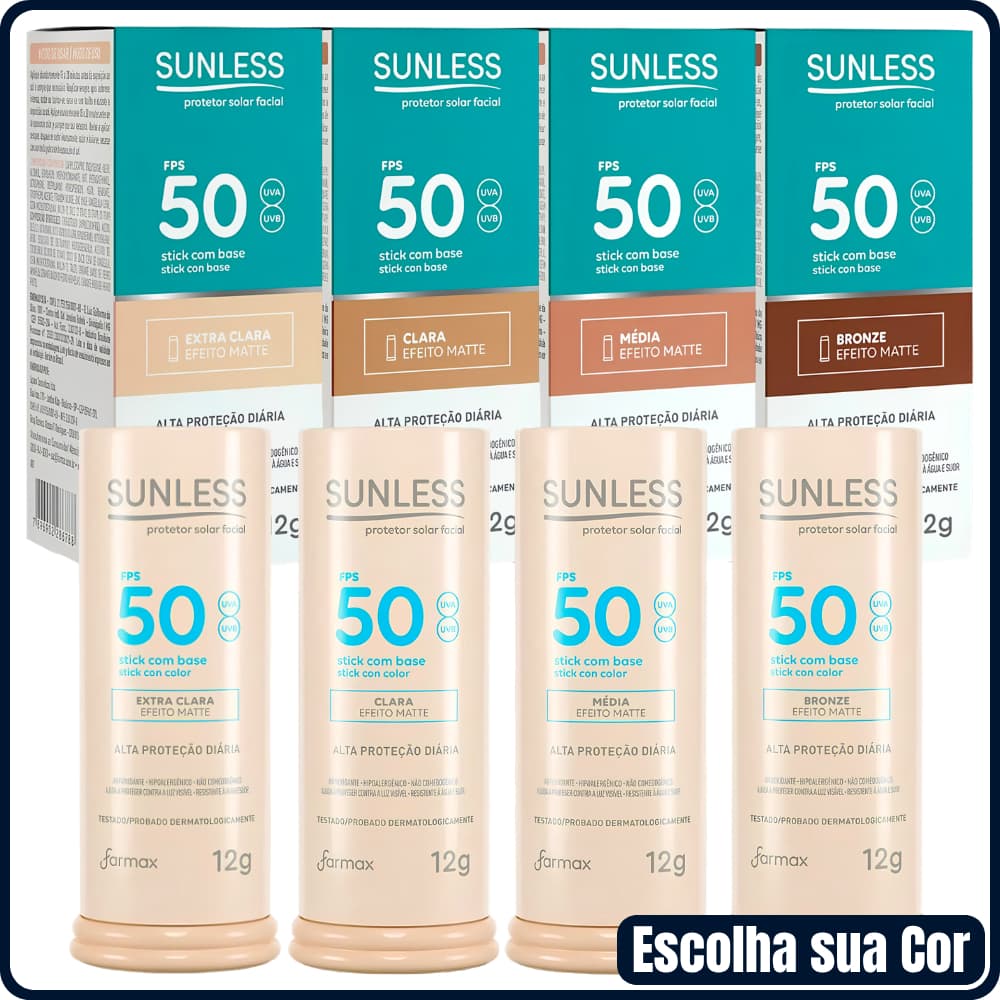 Protetor Solar Facial em Bastão com Cor Sunless Stick com Base Extra Clara, Clara, Média ou Bronze FPS50 12g