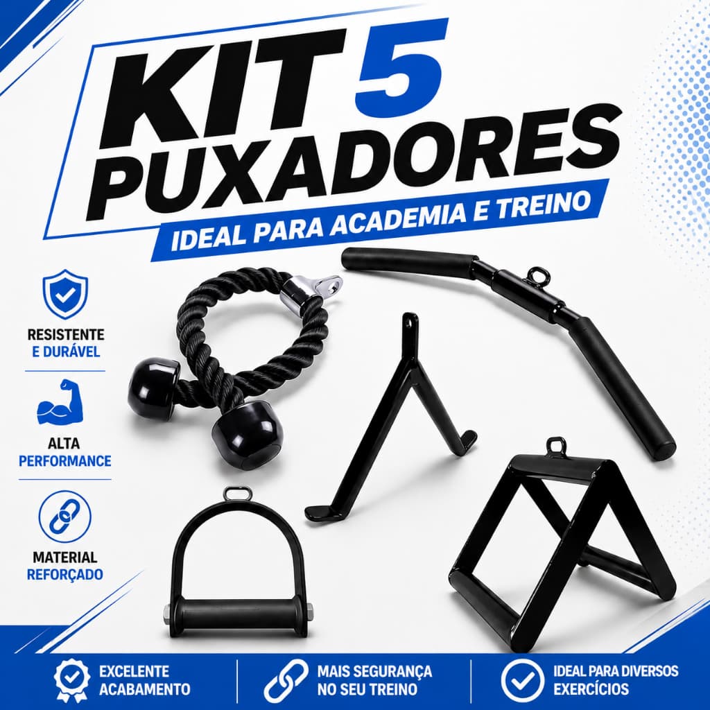 Kit Puxadores Barra Curva Triângulo Remada Estribo Crossover Corda Tríceps Puxador V Academia Treino