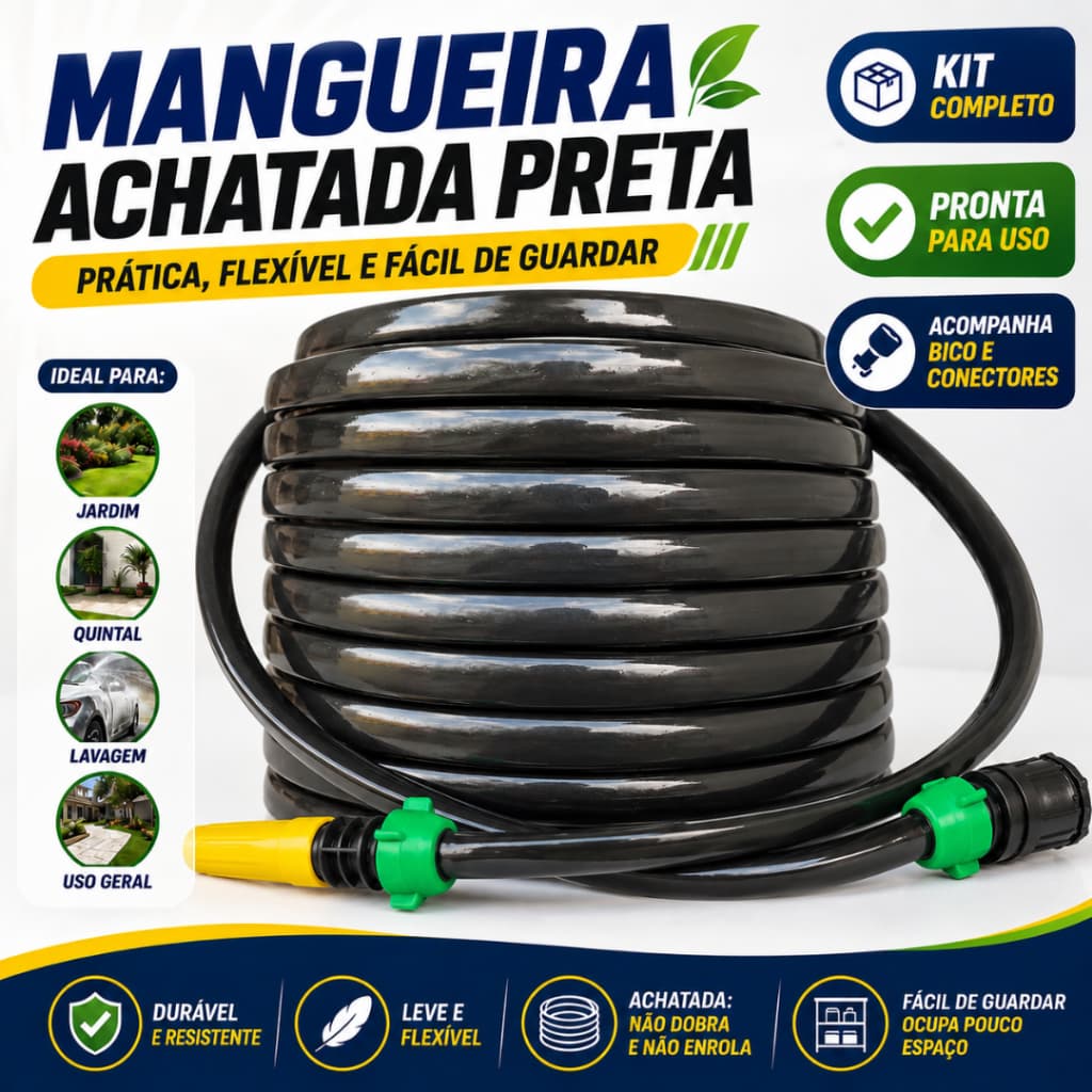 Mangueira Jardim Achatada Preta Flexível Anti Dobras Kit Completo Com Bico E Conectores