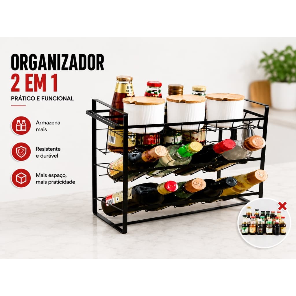 Organizador De Cozinha 2 Em 1 Porta Temperos E Garrafas Suporte Multiuso Bancada