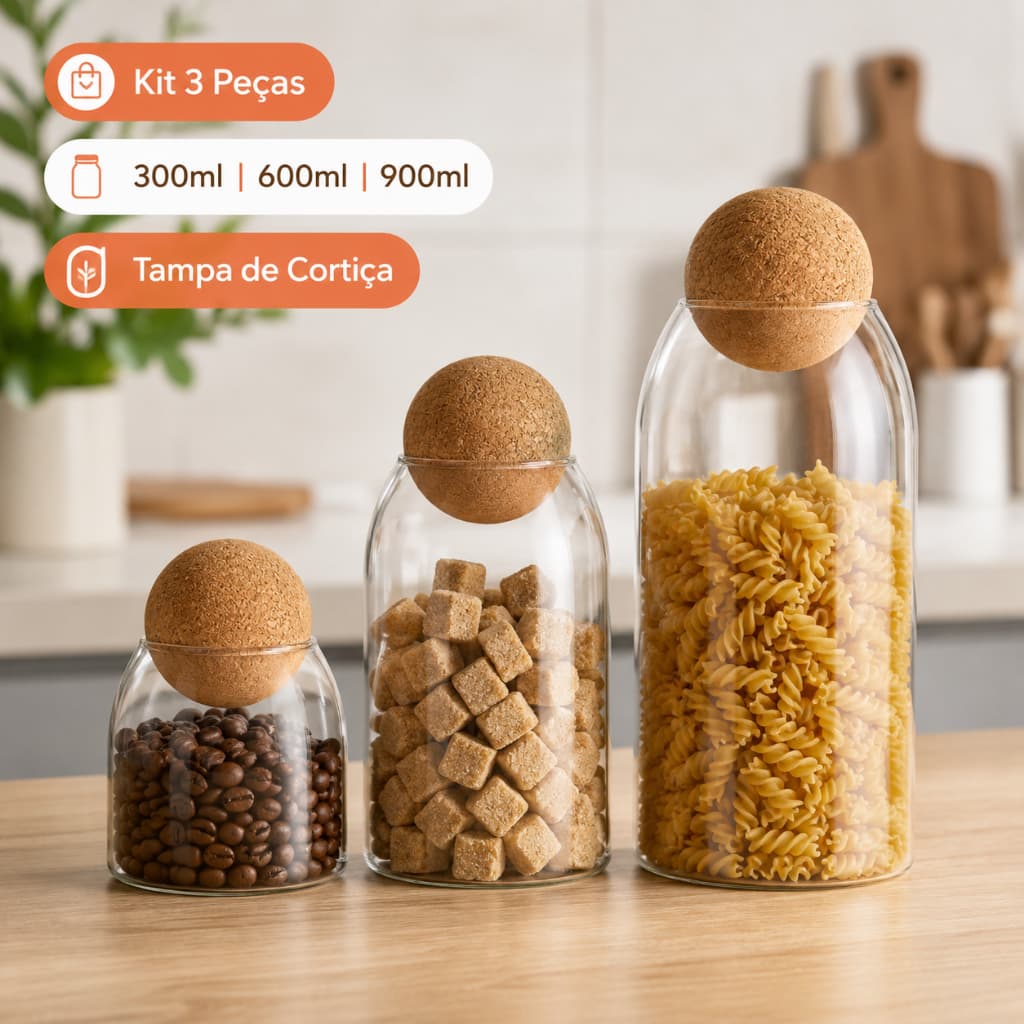 Kit 3 Potes Organizadores de Vidro com Tampa para Mantimentos Cozinha e Decoração