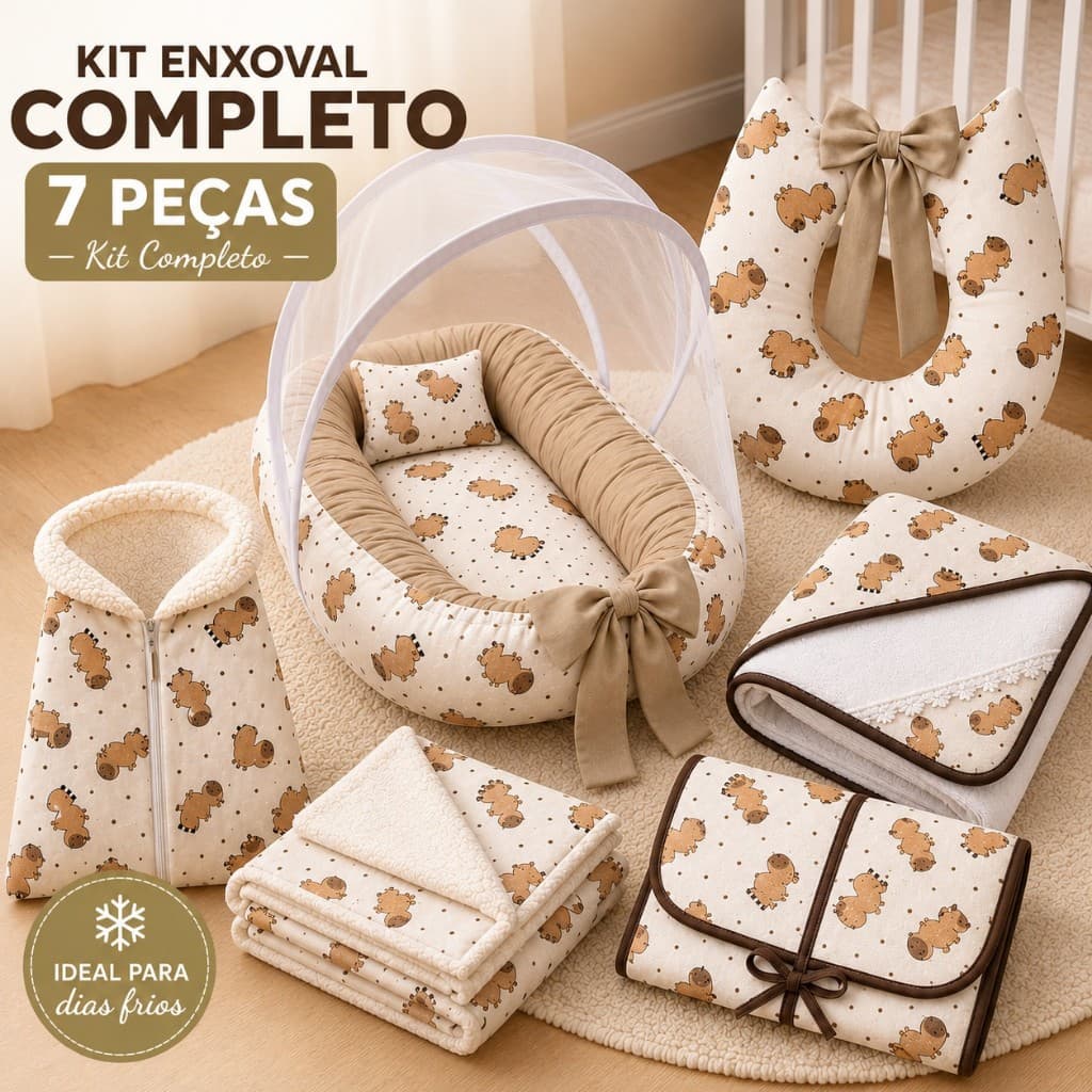 Kit Enxoval Bebê Premium Completo 7 Peças Ninho Mosquiteiro Almofada Trocador Toalha Manta Inverno