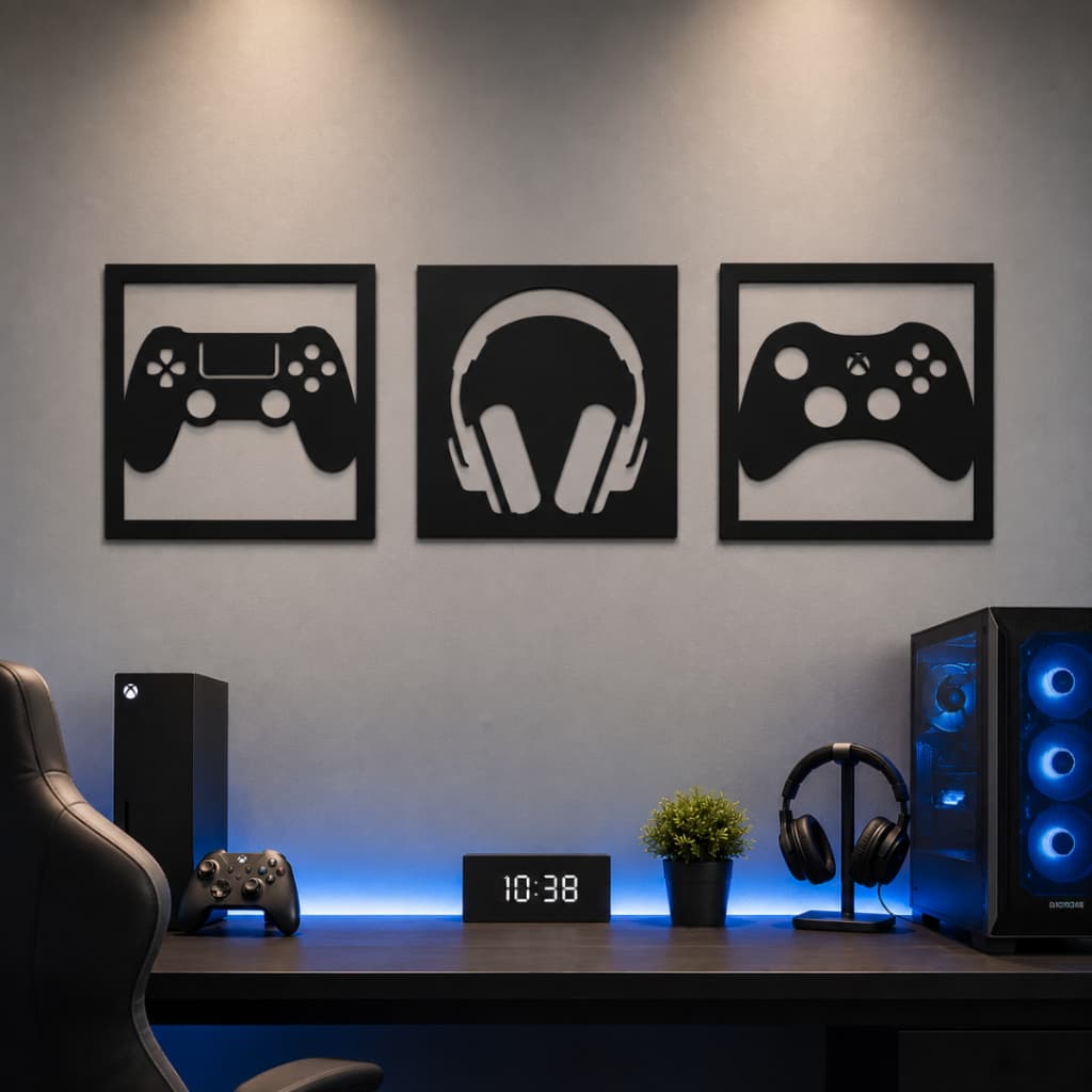 Quadro Decorativo Gamer Videogame Fone Controle Xbox Kit 3 Quadrinhos Mdf 20cm Decoração Espaço Gamer Sala Quarto