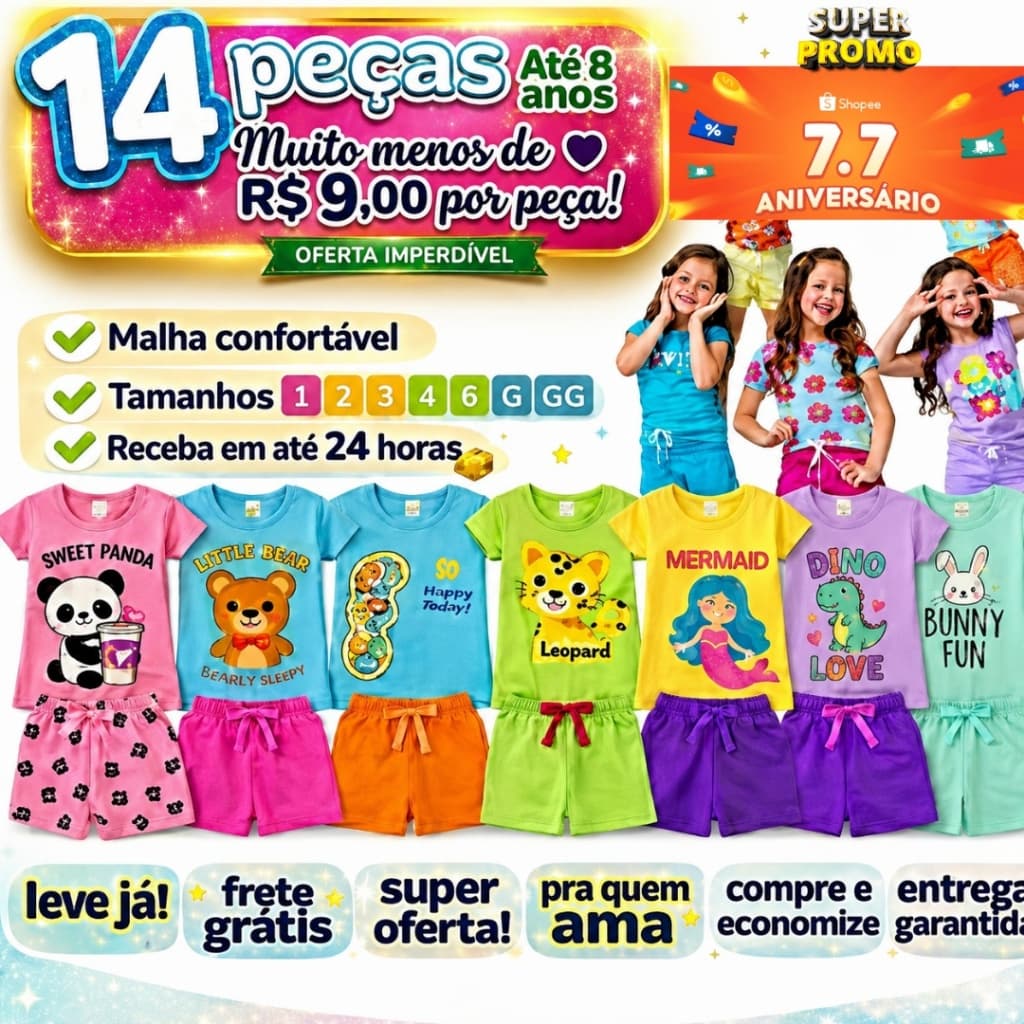Kit 14 Conjunto Infantil Menina  Camiseta Verão Algodão Roupa de Bebê Criança