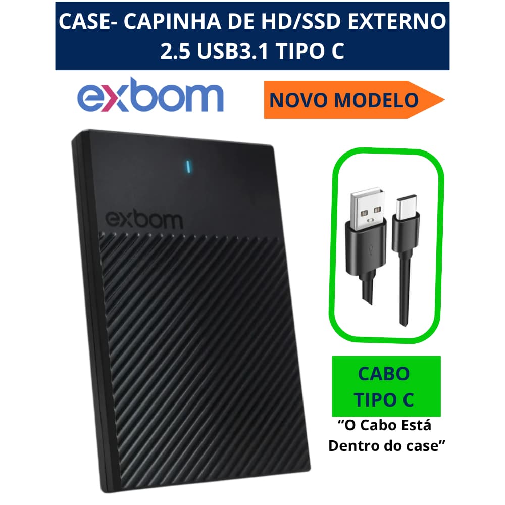 Case HD Externo Capinha, Gaveta USB 3.1 Transparente/Preto Para HD/SSD SATA 2,5" TIPO C Exbom