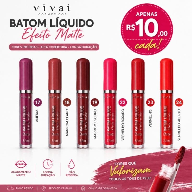Batom Líquido Matte Vivai Original | Longa Duração | Alta Pigmentação