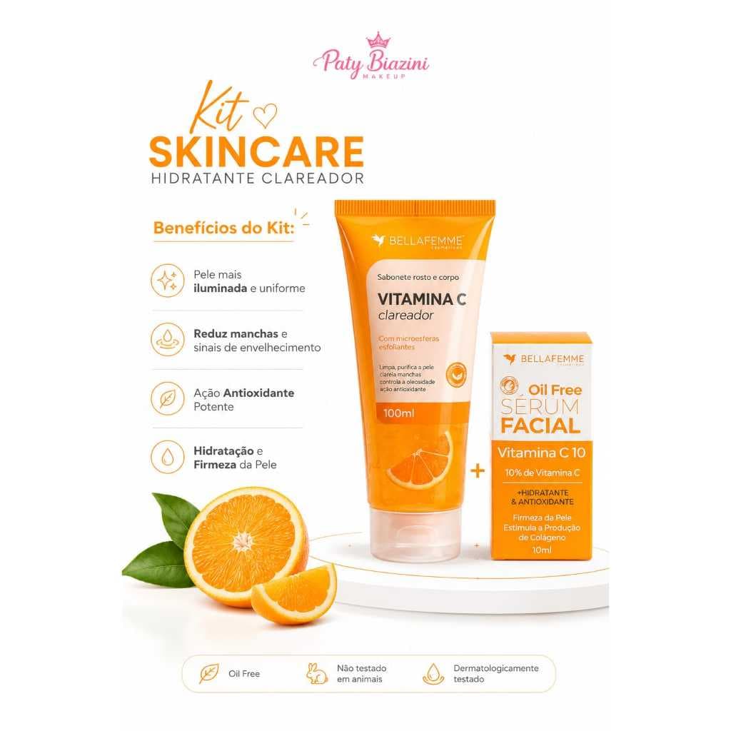 kit skincare  hidratante clareador  sérum l vitamina C  Belle Femme + sabonete liquido vitamina c colornow