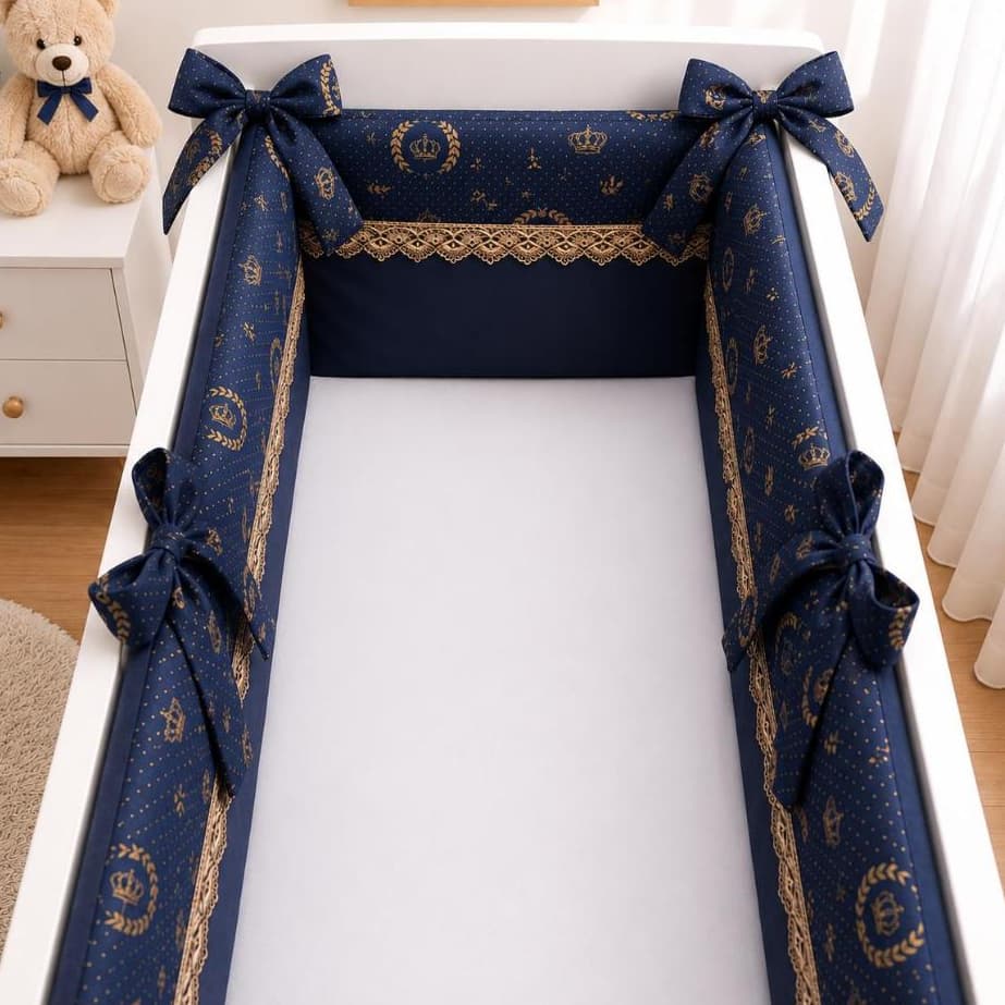 Kit Para Mini Berço Azul Marinho Coroa Dourada 3 peças  Kit de Mini Berço Bebê Menino