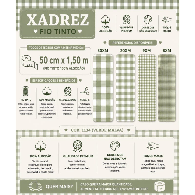 Tecido Tricoline Xadrez Verde Malva 100% Algodão 50x1,50 Patchwork Costura Criativa
