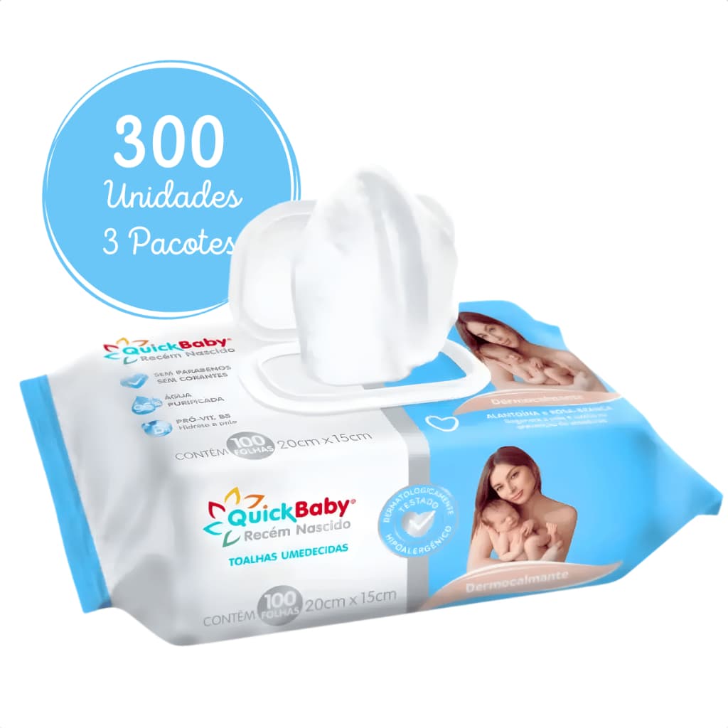 Toalha Umedecida QuickBaby Recém-Nascido Kit 3x100 para Higiene e Troca de Fralda