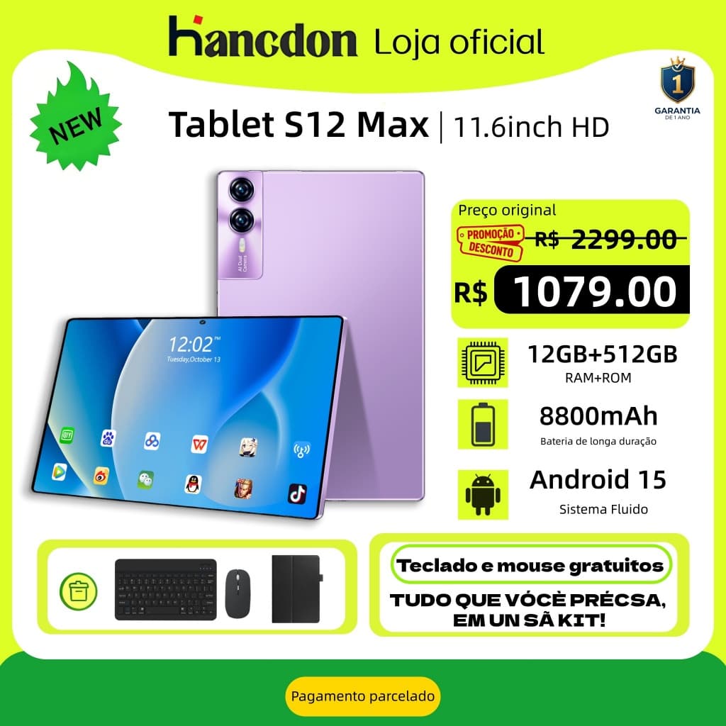 [Teclado e mouse grátis] Tablet S12 Max 11,6 polegadas, 16 GB + 512 GB, bateria de 8.800 mAh, Android 5G – envio rápido