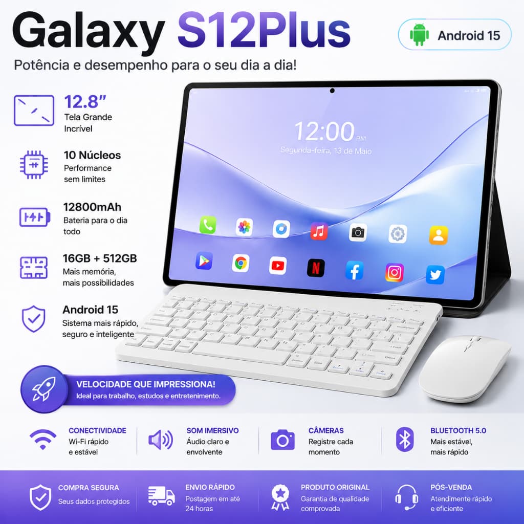 Galaxy S12Plus Tablet with Keyboard and Mouse-12.8" inch 16GB+512GB Android 15 with 12800mAh Ideal for Studies and Games