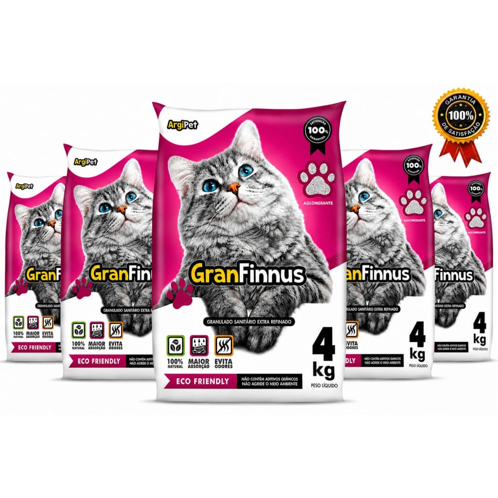 KIT 5 Areias de Gato Sanitária Higiênica 20KG Alta Absorção  Anti-Odor Ecologica Biodegradável Granfinnus