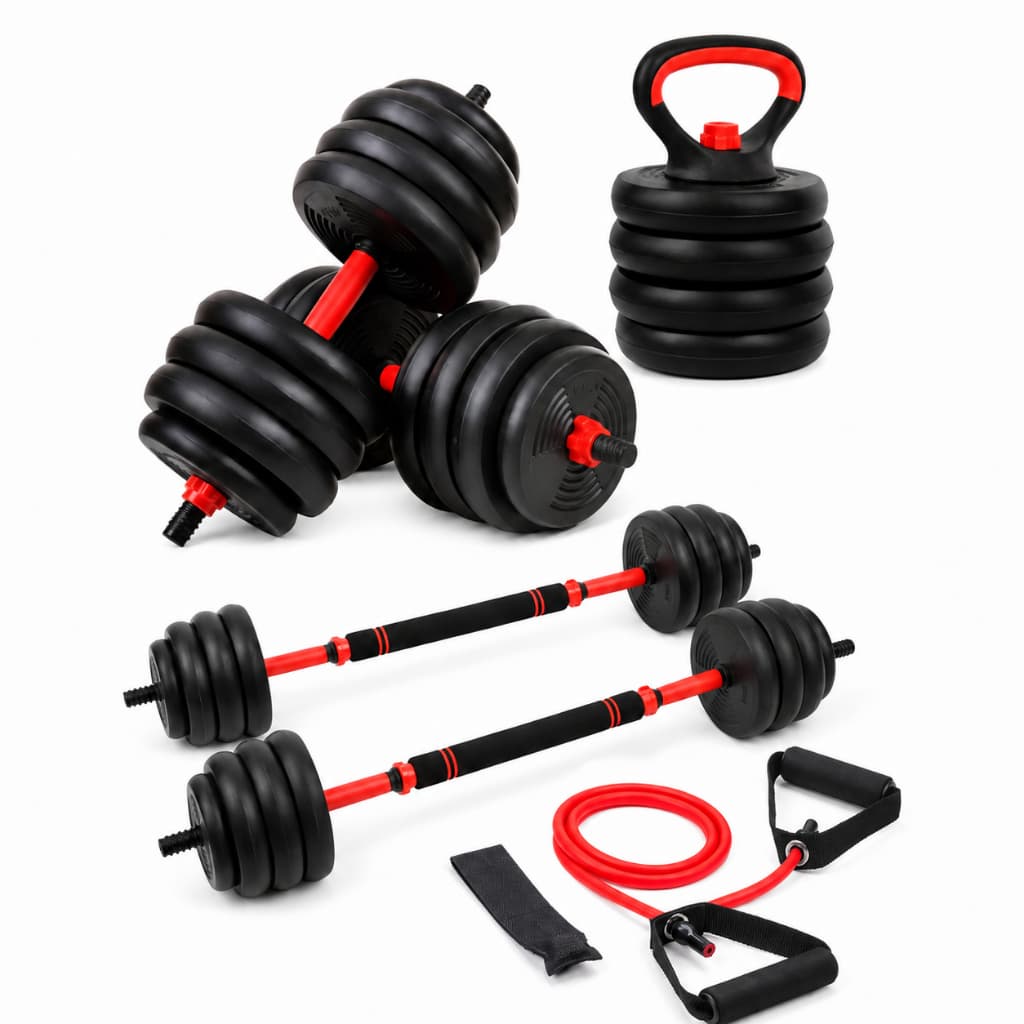 Kit Halteres Barra Kettlebell 6 em 1 Ajustavel até 40kg com Elástico para Treino Completo