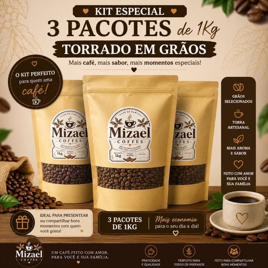 ☕ Kit Econômico Mizael Coffes – 3 Pacotes de 1kg | Café Torrado em Grãos