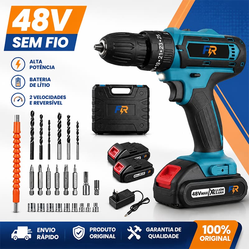 Parafusadeira Furadeira 48V Sem Fio com 2 Baterias Kit Completo com Maleta e Acessórios Bivolt