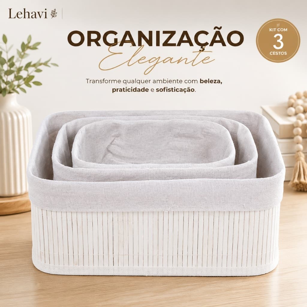 Kit 3 Cestos Organizadores de Bambu Branco Multiuso para Cozinha Banheiro Quarto Escritório 🎁 NA DESCRIÇÃO
