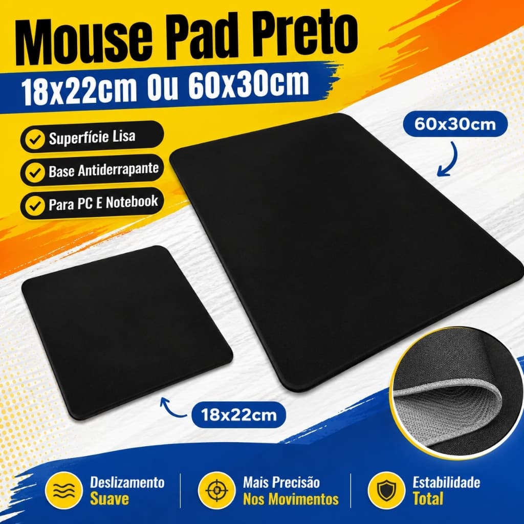 Mouse Pad Preto Antiderrapante 18x22cm ou 60x30cm Para PC Notebook