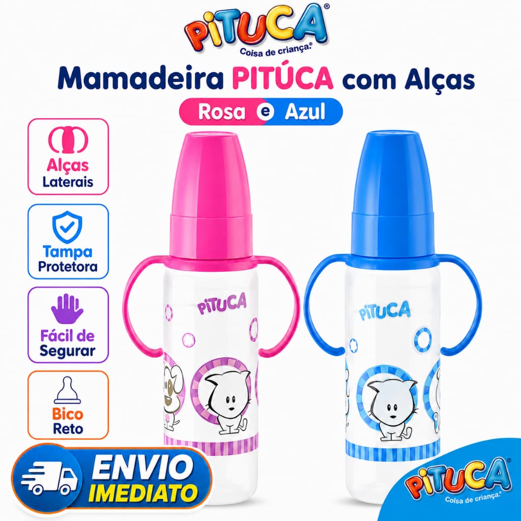 Mamadeira Soft Com Alça 240ml Bico Redondo Pituca e Bico Repositor - Rosa e Azul