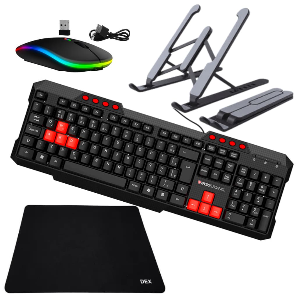 Teclado multimidia Com Fio + Mouse Sem Fio Recarregavel + Suporte para notebook tablet + MousePad