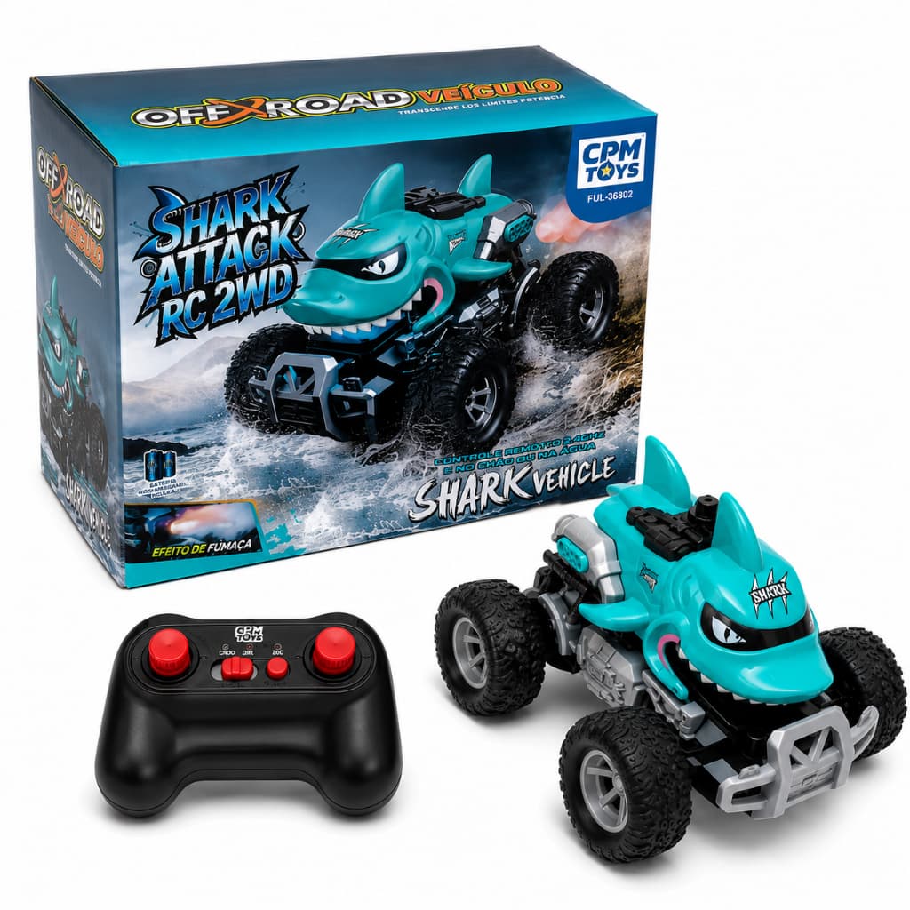 Carrinho Controle Remoto Spray Fumaça Tubarão Monster Shark Azul Brinquedo Menino Controle 2.4GHZ !!