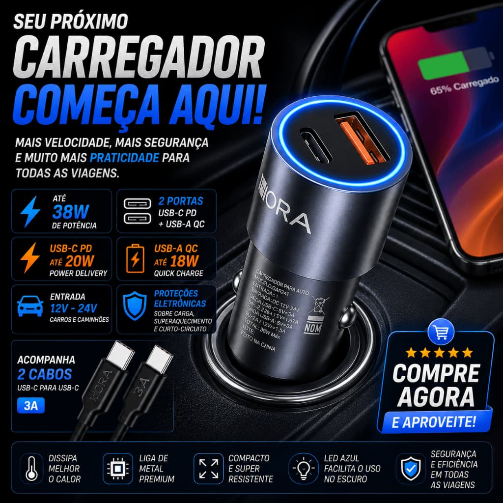 Carregador Veicular USB-C PD 38W Carregador Rápido USB-A QC 20W 18W Duplo com Cabo USB-C 3A