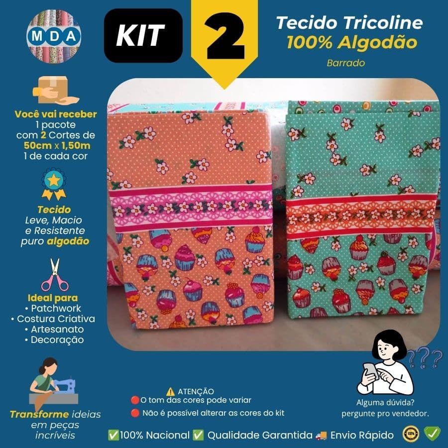 Kit 2 Tecidos Tricoline 100% Algodão Barrado 50cm x 1,50m Patchwork Costura Criativa Artesanato