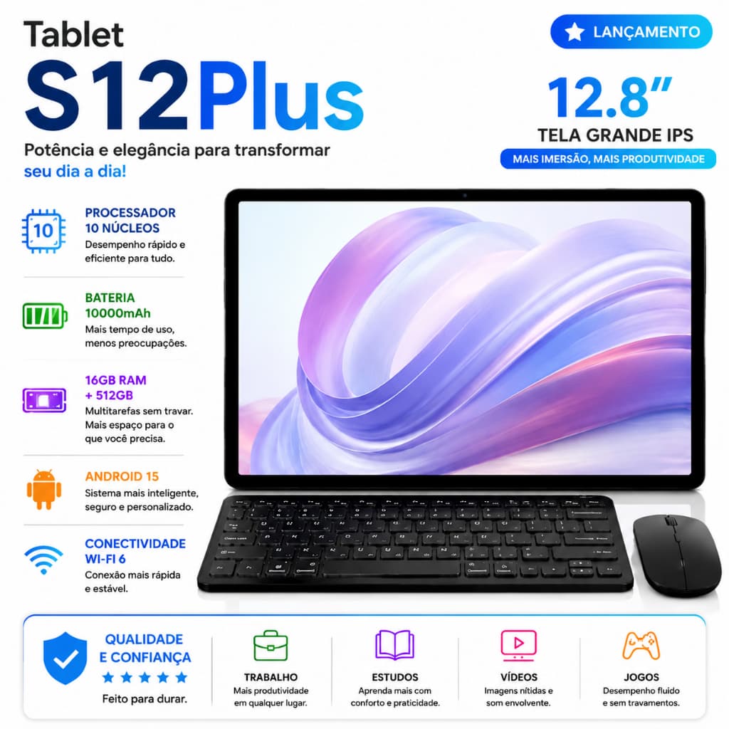 S12 Plus Tablet Combo with Keyboard and Mouse-12.8" inch 16GB+512GB Android 15 with 10000mAh Ideal for Studies and Games
