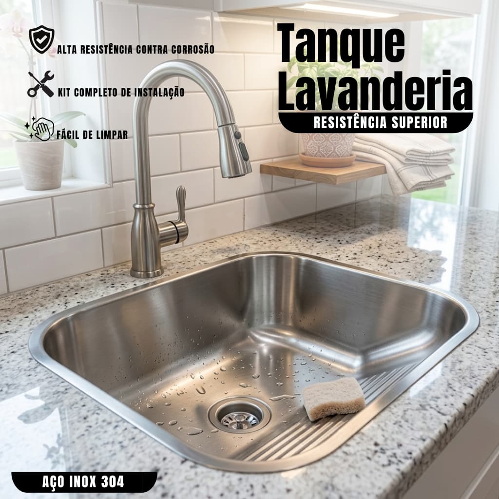 Tanque Lavanderia Inox 304 Cuba Área Serviço 40x34cm De Embutir Kit Completo