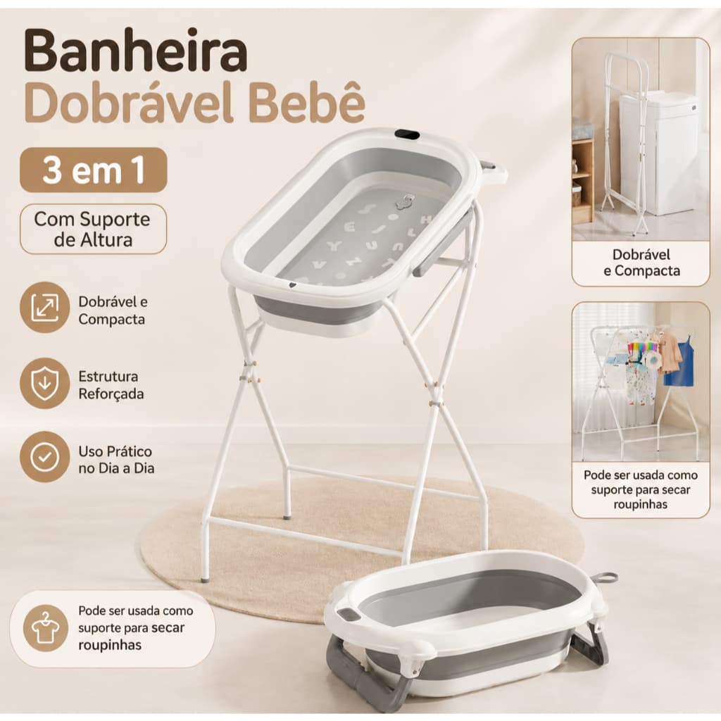 Banheira Dobrável Bebê Suporte de Altura e Encosto 3 em 1 Portátil - Envio imediato