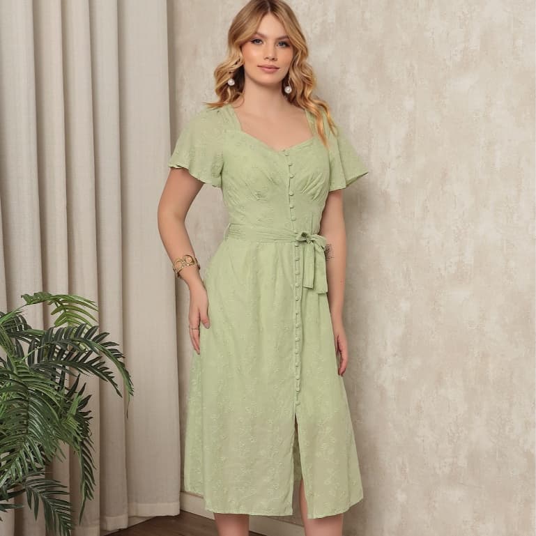 ONLYONE- VESTIDO MIDI FEMININO ELEGANTE VISCOLINHO BOTÕES FRONTAIS LAÇO CINTURA  MANGA CURTA - VESTIDOS FEMININOS