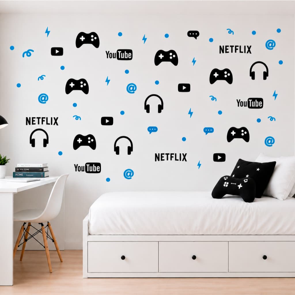 kit Adesivo de Parede Gamer Controle Vídeo Game Decoração Infantil Quarto Menino