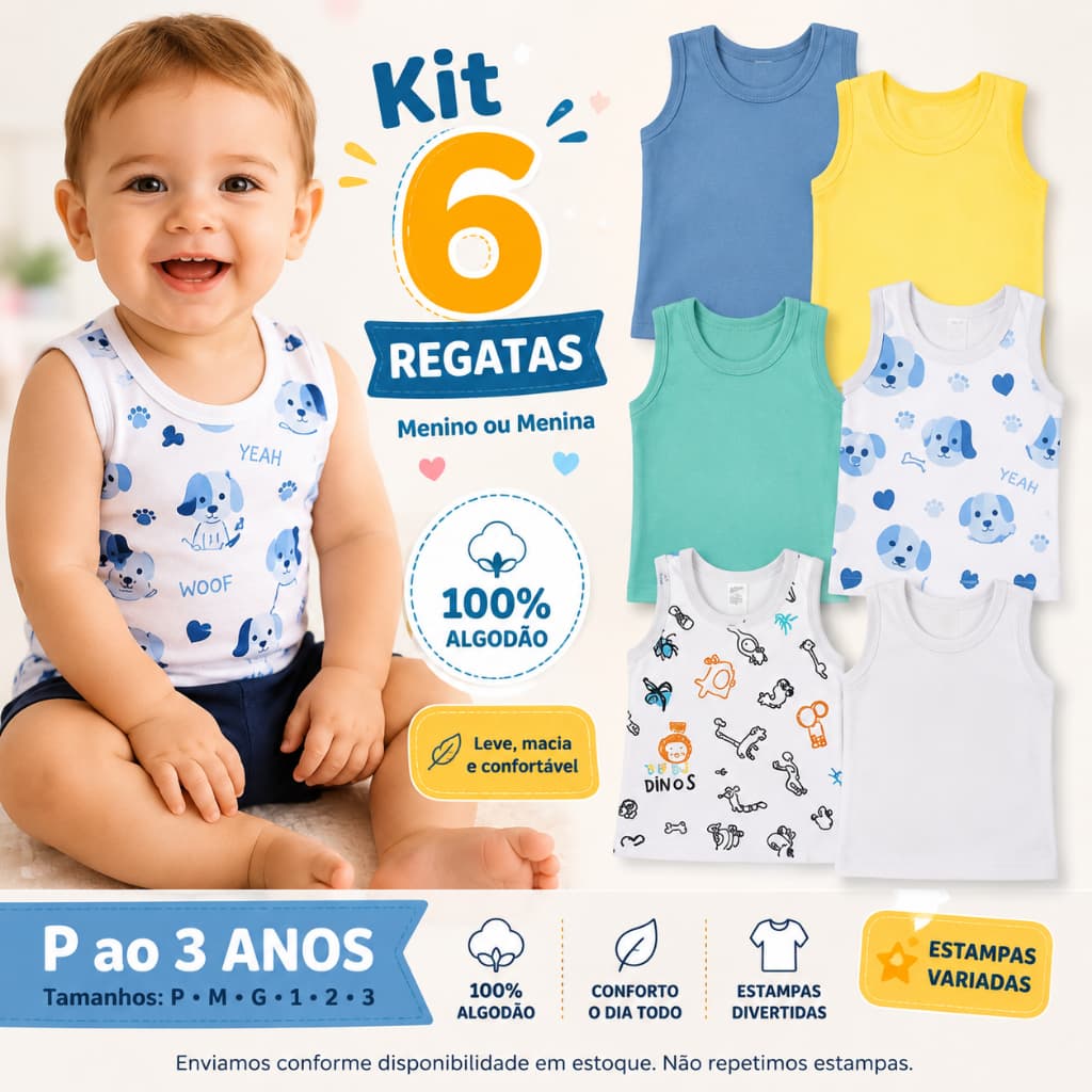 Kit 6 Camisetas Regata Bebê Infantil Menino Menina Roupa Infantil 100% Algodão P ao 3 Anos